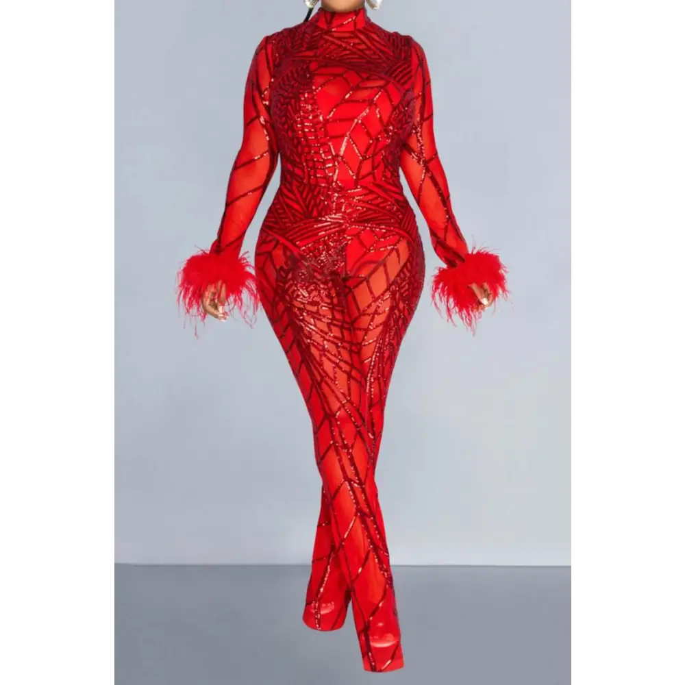 Madame Feather Embellished Sleeve Sequin Catsuit (S - 2XL)