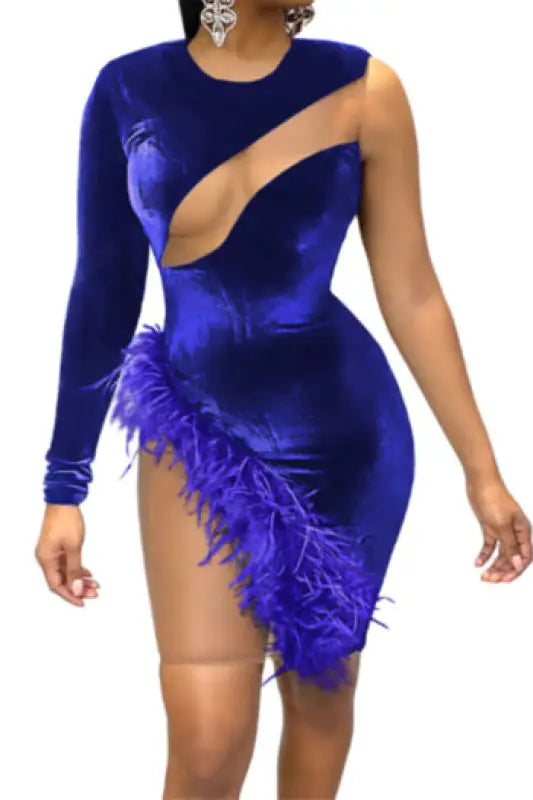 Mesh Feather Stretch Mini Dress - S / Blue - Dresses