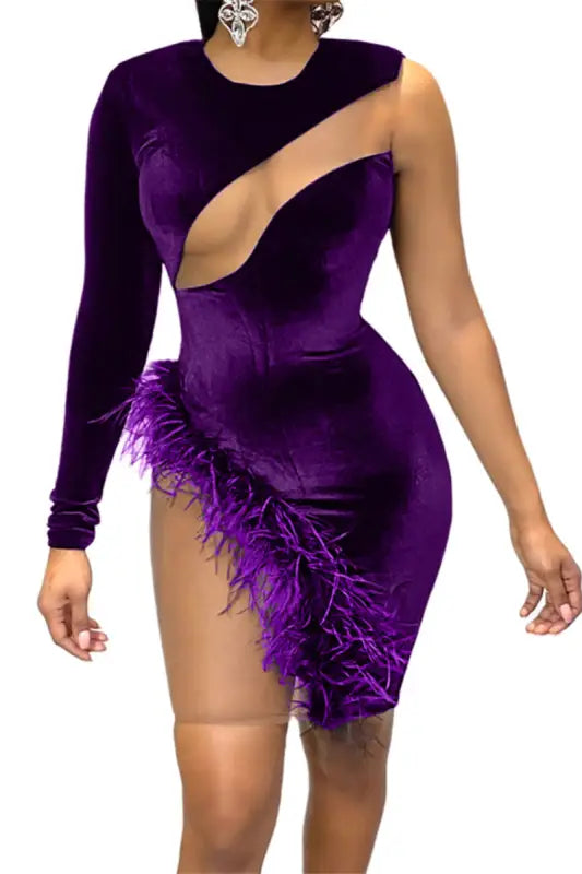 Mesh Feather Stretch Mini Dress - S / Purple - Dresses