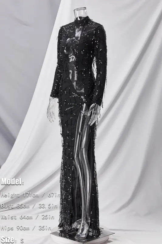 Mesh Lightening Bolt Sequin Fringe Floor Length Dress