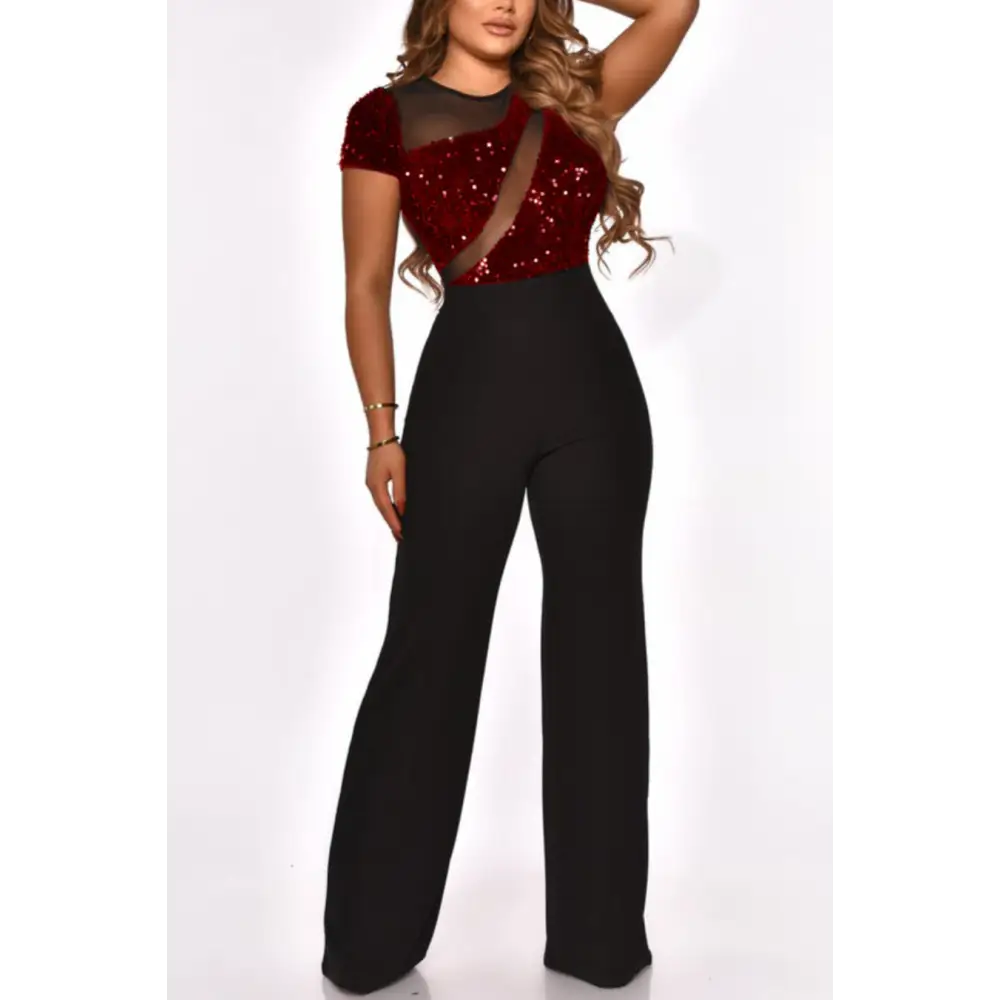 Mesh Strip Zip - Up Sequin Casual Jumpsuit - S / Rose Red