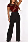 Mesh Strip Zip-Up Sequin Casual Jumpsuit - S / Rose Red