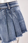 Micro High-Waist Flaired Pleated Shorts - Denim