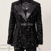 Midnight Dream PU Leather Lapel Sequin Blazer - S / Black