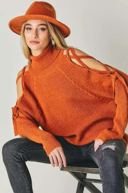 Mock Turtleneck Cutout Long Sleeve Sweater - Pullover