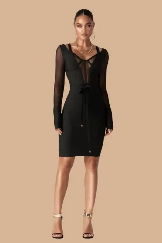 Natalia Black Belted Mini Dress With Mesh Details - Dresses