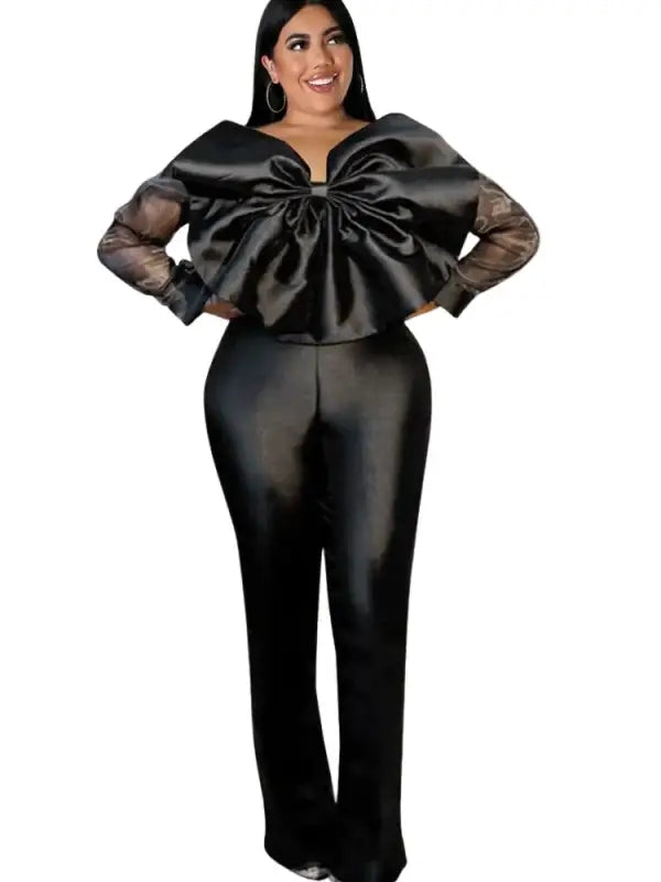 Nightcap Open Bow Sheer Sleeve Jumpsuit (S-4XL) - S / Black