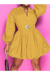 Notched Button Up Balloon Sleeves Dress (S-2XL) - Mini