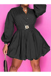 Notched Button Up Balloon Sleeves Dress (S-2XL) - Mini