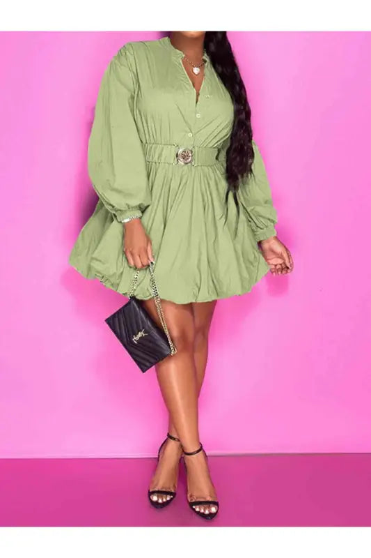 Notched Button Up Balloon Sleeves Dress (S-2XL) - S / Sage