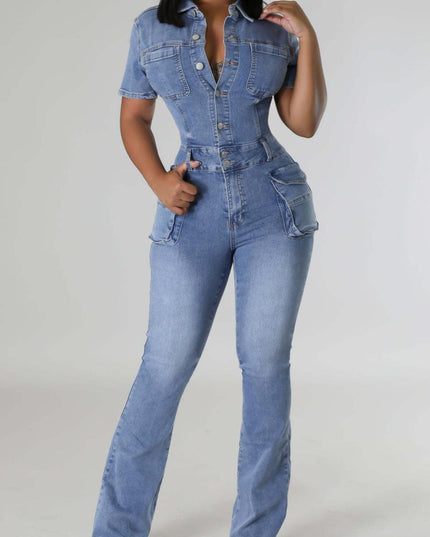 On A Mission Short Sleeve Cargo Denim Jumpsuit