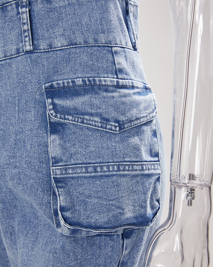 On A Mission Short Sleeve Cargo Denim Jumpsuit