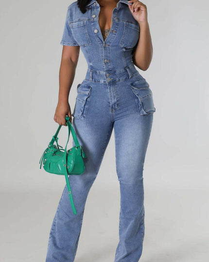 On A Mission Short Sleeve Cargo Denim Jumpsuit