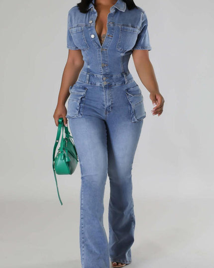 On A Mission Short Sleeve Cargo Denim Jumpsuit