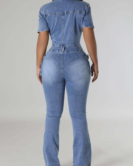 On A Mission Short Sleeve Cargo Denim Jumpsuit