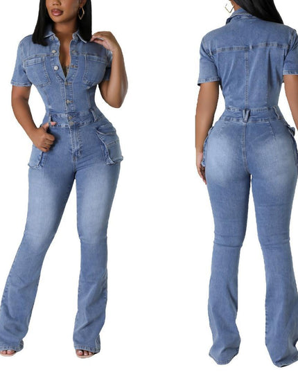 On A Mission Short Sleeve Cargo Denim Jumpsuit