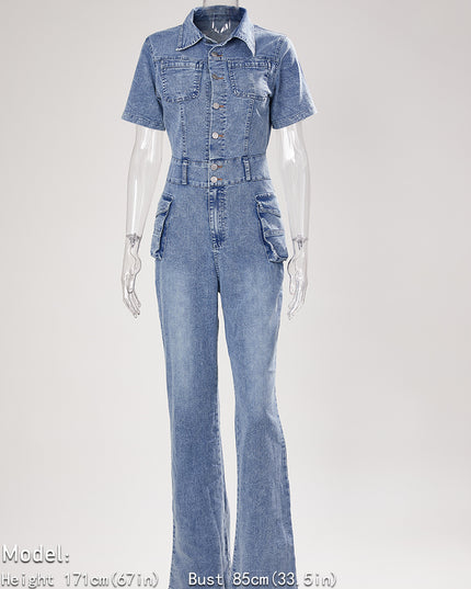 On A Mission Short Sleeve Cargo Denim Jumpsuit