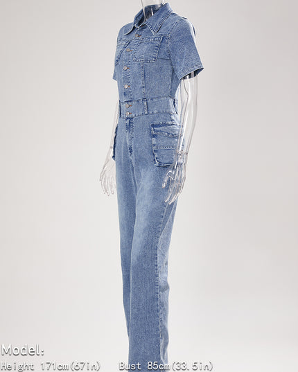 On A Mission Short Sleeve Cargo Denim Jumpsuit