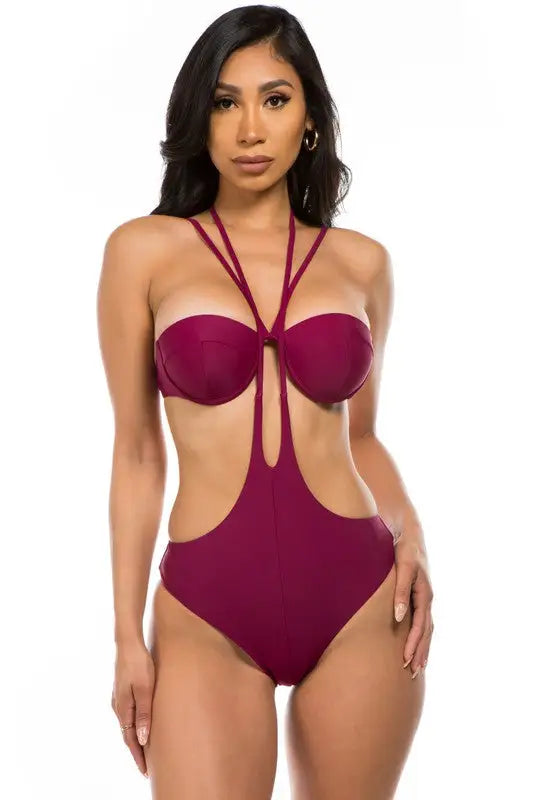 One-Piece Cut-Out Bathing Suit - Wine / S - Swimsuits