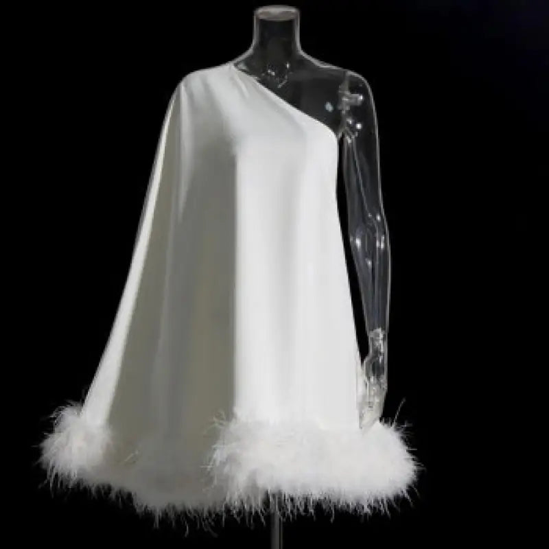 One Shoulder Feather Hem Chiffon A -Line Dress - S / White