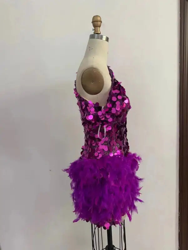 One Shoulder Lace Feather Sequin Mini Dress - Dresses