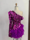 One Shoulder Lace Feather Sequin Mini Dress - Dresses