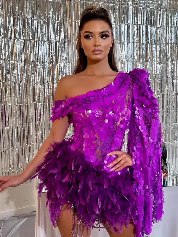 One Shoulder Lace Feather Sequin Mini Dress - XS / Purple