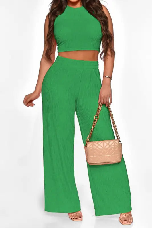 Perfect Timing Crop Sleeveless Shirt and Wide Pant Set