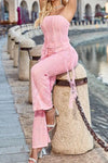 Pink Lace Tassel Bandeau Top Flared Pants Sets - Pant