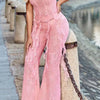 Pink Lace Tassel Bandeau Top Flared Pants Sets - XS / Pant