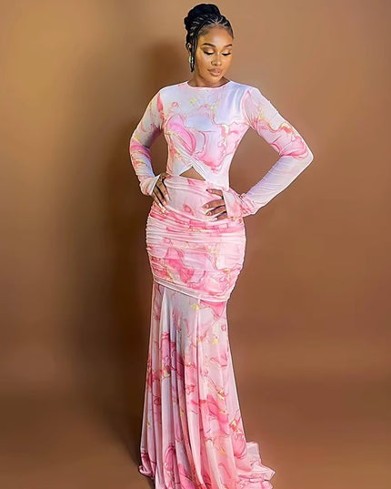 Vibrant Tie-Dye Shirring Floor Length Dress