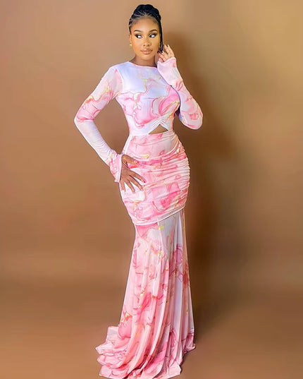 Vibrant Tie-Dye Shirring Floor Length Dress