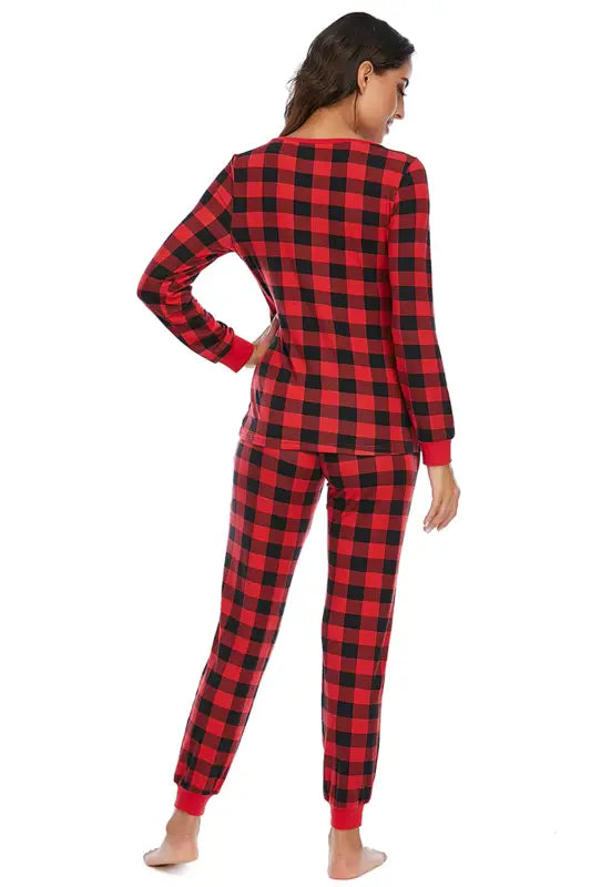 Plaid Round Neck Top and Pants Set (S-2XL) - Pajama Pant