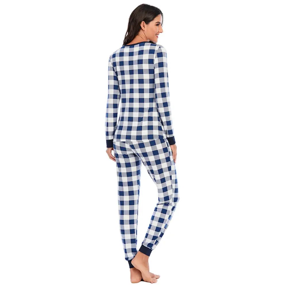 Plaid Round Neck Top and Pants Set (S - 2XL) - Pajama Pant