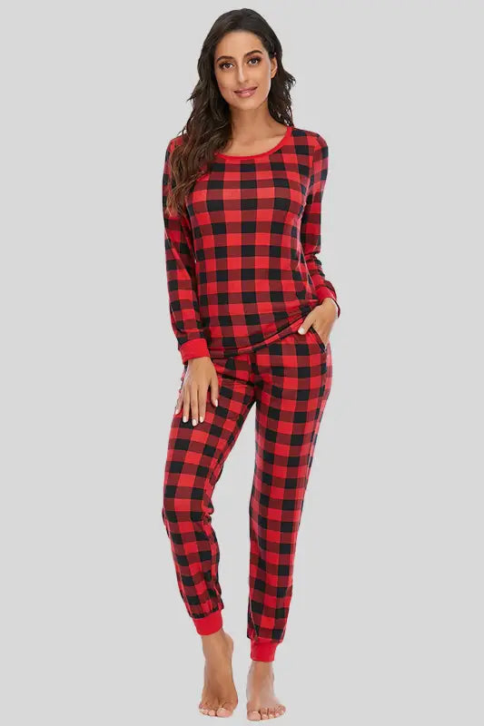 Plaid Round Neck Top and Pants Set (S-2XL) - S / Red