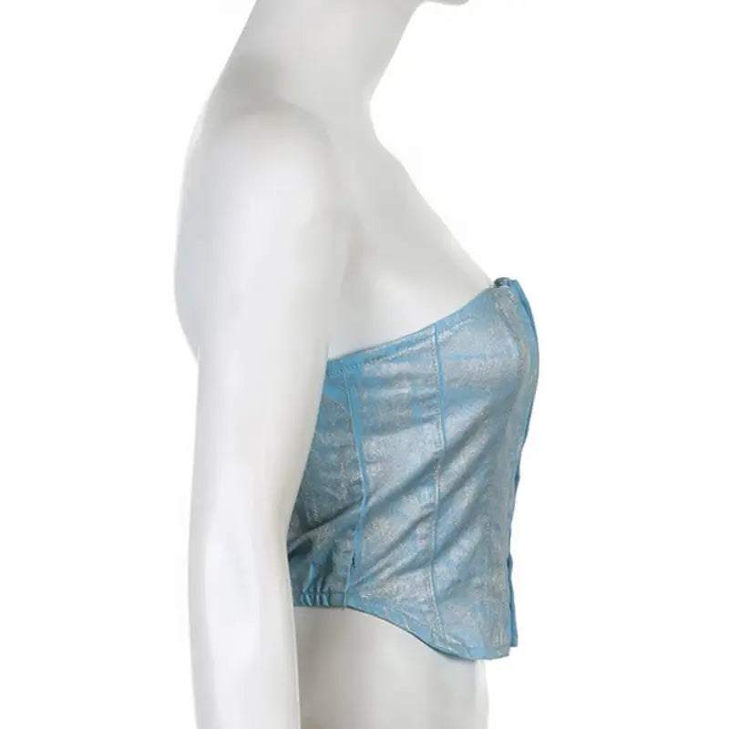 Platinum Coated Hook Buckle Crop Vest - Denim Tops