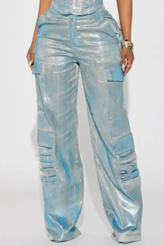 Platinum Coated Wide Leg Cargo Jeans