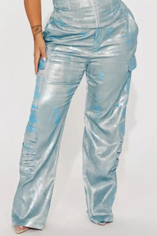 Platinum Coated Wide Leg Cargo Jeans - S / Silver Turquoise