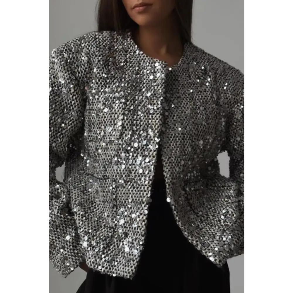 Platinum Dreams Tweed Sequin Pocketed Open Blazer - Blazers