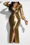 Plunge Twisted Gold Metallic Slit Midi Dress - Maxi Dresses