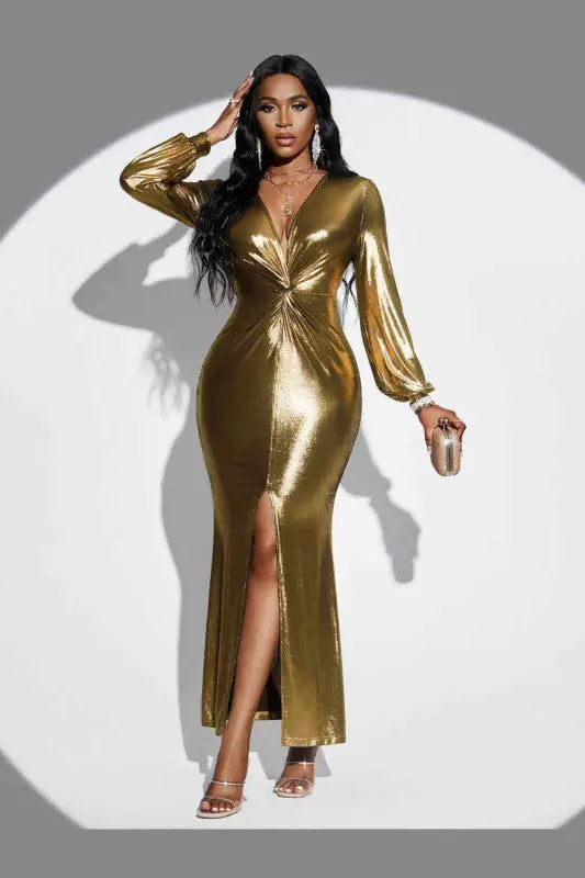 Plunge Twisted Gold Metallic Slit Midi Dress - S - Maxi