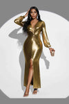 Plunge Twisted Gold Metallic Slit Midi Dress - S - Maxi