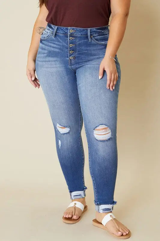 Plus High Rise Button Fly Ankle Skinny Jeans - Denim