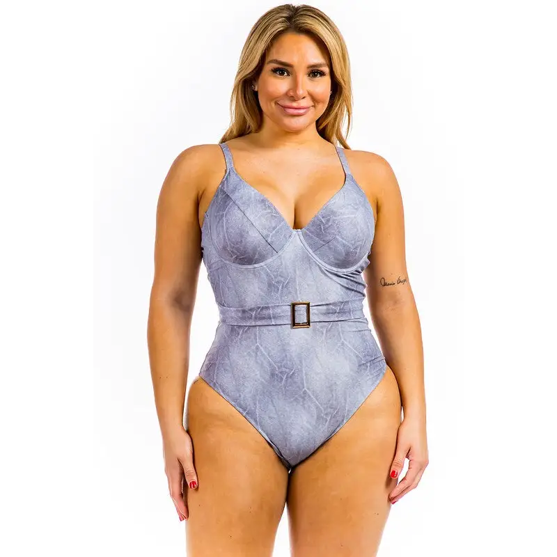 Plus Size Belted Swimsuit - 1XL / Denim Blue - One - Piece