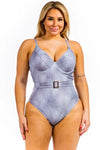 Plus Size Belted Swimsuit - 1XL / Denim Blue - One-Piece