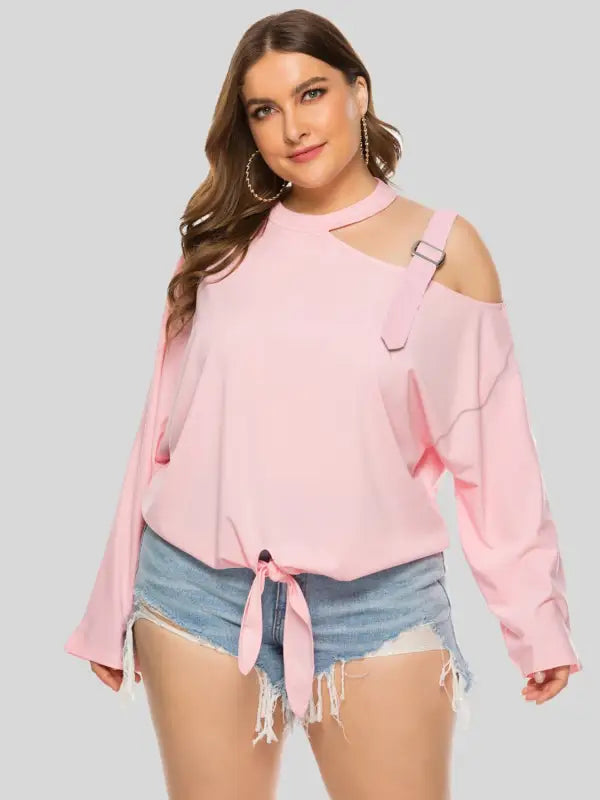 Plus Size Cold-Shoulder Tied Top - L / Pink - Long Sleeve