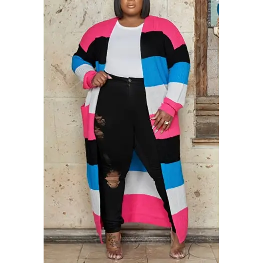 Plus Size Colorful Stripe Knitted Cardigan (XL - 5XL) - XL