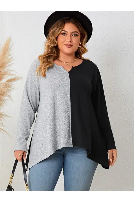 Plus Size Contrast Notched Neck Long Sleeve Top - 1XL