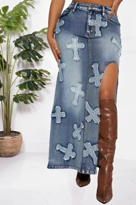 Plus Size Cross Sign Jacquard High Slit Denim Maxi Skirt Set