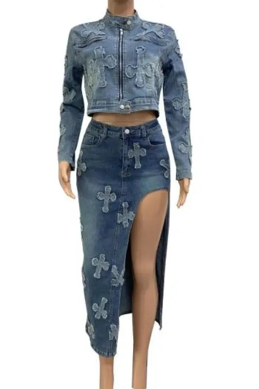 Plus Size Cross Sign Jacquard High Slit Denim Maxi Skirt Set